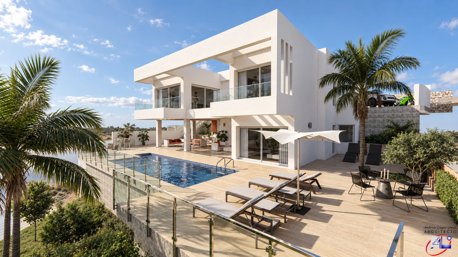 Visualización mejorada de Villa Acacias 18, con sus dos plantas, terraza y piscina